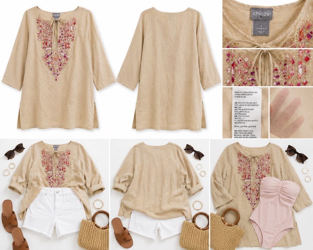 Chico’s Size 4 Silk Blend Embellished Tunic Beige Boho XL 16 18